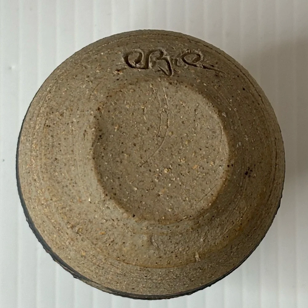 Handmade Studio Art Pottery Vase Vessel Sand Texture Etched Design Artist Signed
